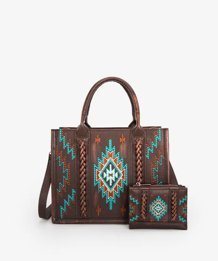 Montana West Aztec Embroidered Distressed Leather Tote Bag Set