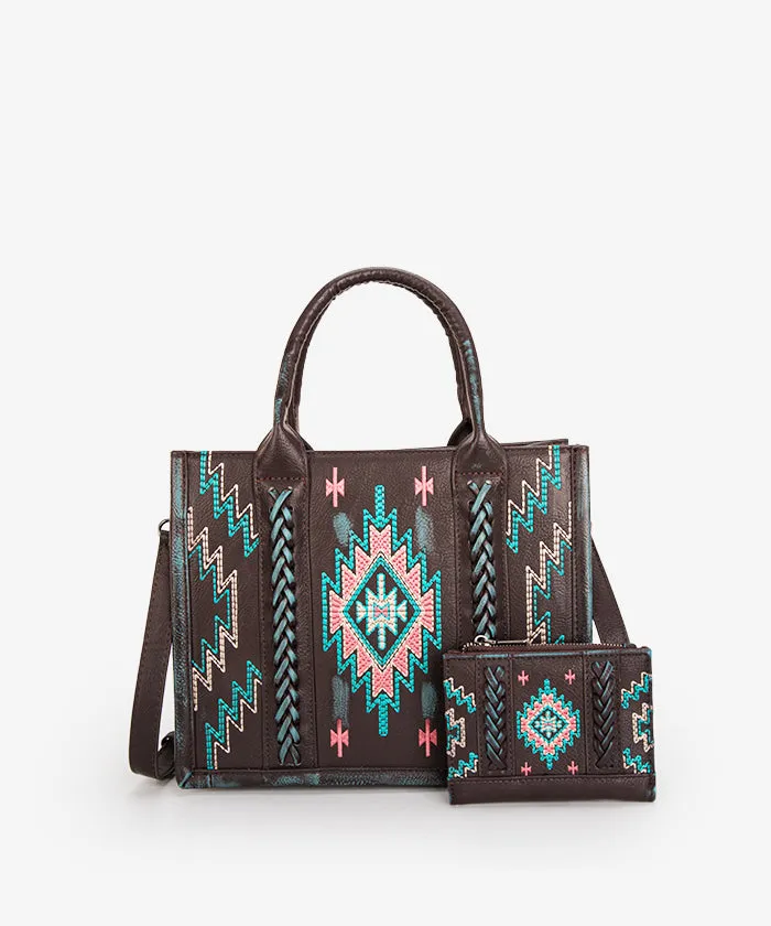 Montana West Aztec Embroidered Distressed Leather Tote Bag Set