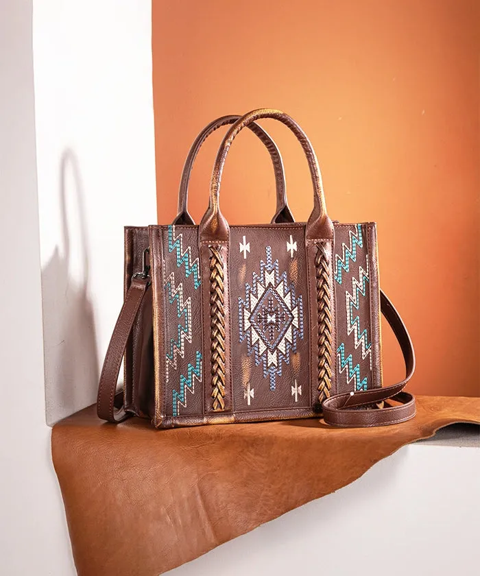 Montana West Aztec Embroidered Distressed Leather Tote Bag Set