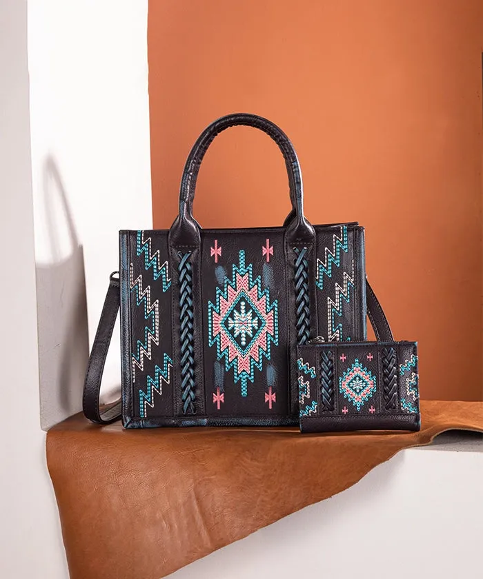 Montana West Aztec Embroidered Distressed Leather Tote Bag Set