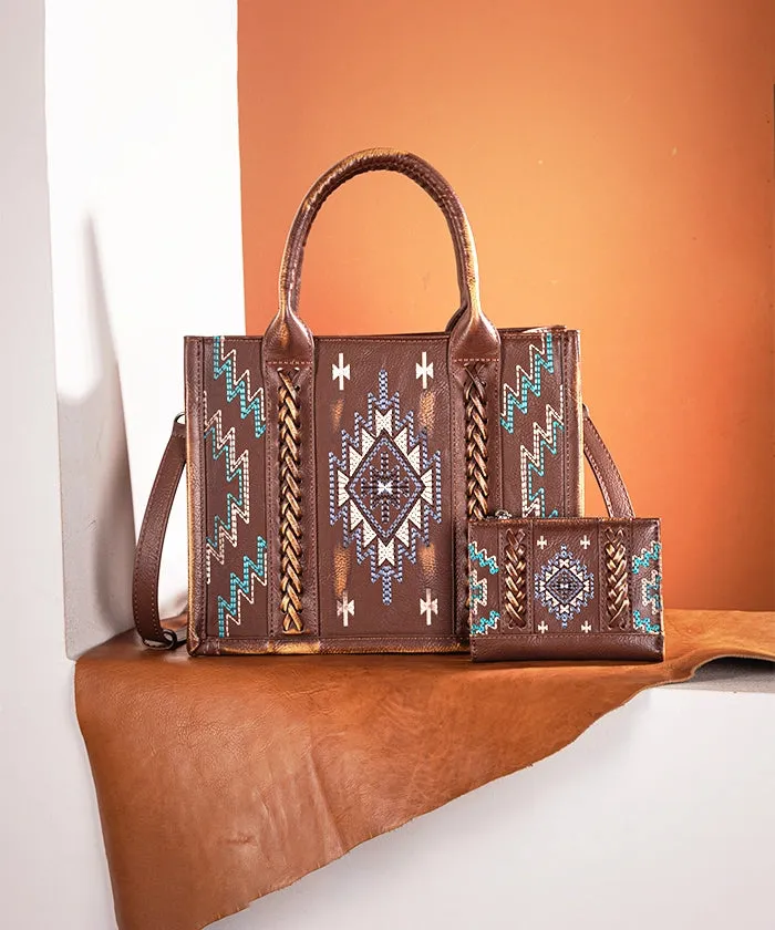 Montana West Aztec Embroidered Distressed Leather Tote Bag Set