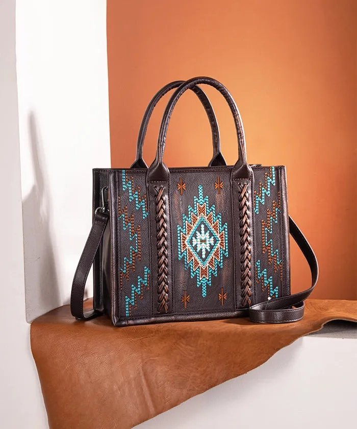 Montana West Aztec Embroidered Distressed Leather Tote Bag Set