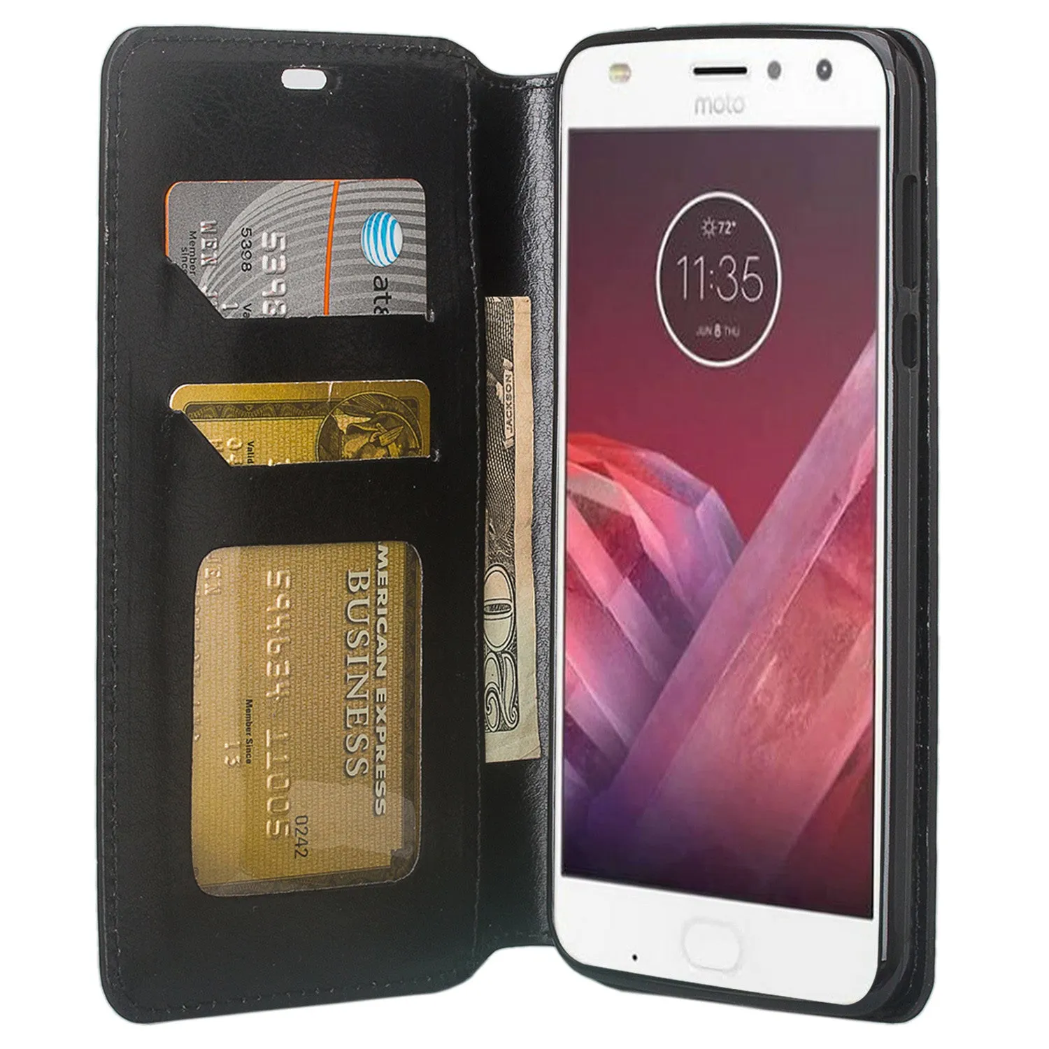 Motorola Moto Z2 Force Case, Moto Z2 Force Wallet Case, Slim Flip Folio [Kickstand] Pu Leather Wallet Case with ID & Card Slots & Pocket - Black