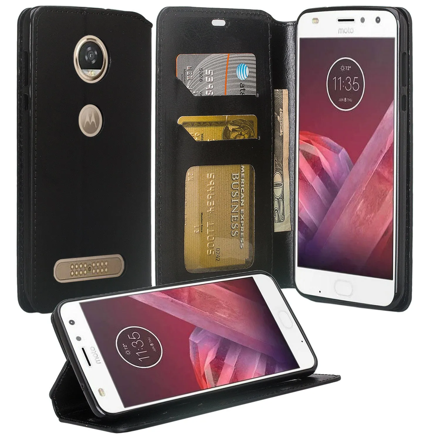 Motorola Moto Z2 Force Case, Moto Z2 Force Wallet Case, Slim Flip Folio [Kickstand] Pu Leather Wallet Case with ID & Card Slots & Pocket - Black