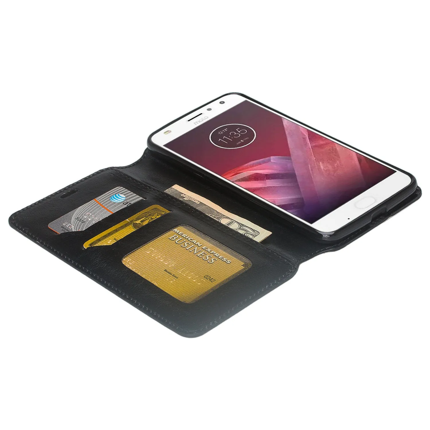 Motorola Moto Z2 Force Case, Moto Z2 Force Wallet Case, Slim Flip Folio [Kickstand] Pu Leather Wallet Case with ID & Card Slots & Pocket - Black