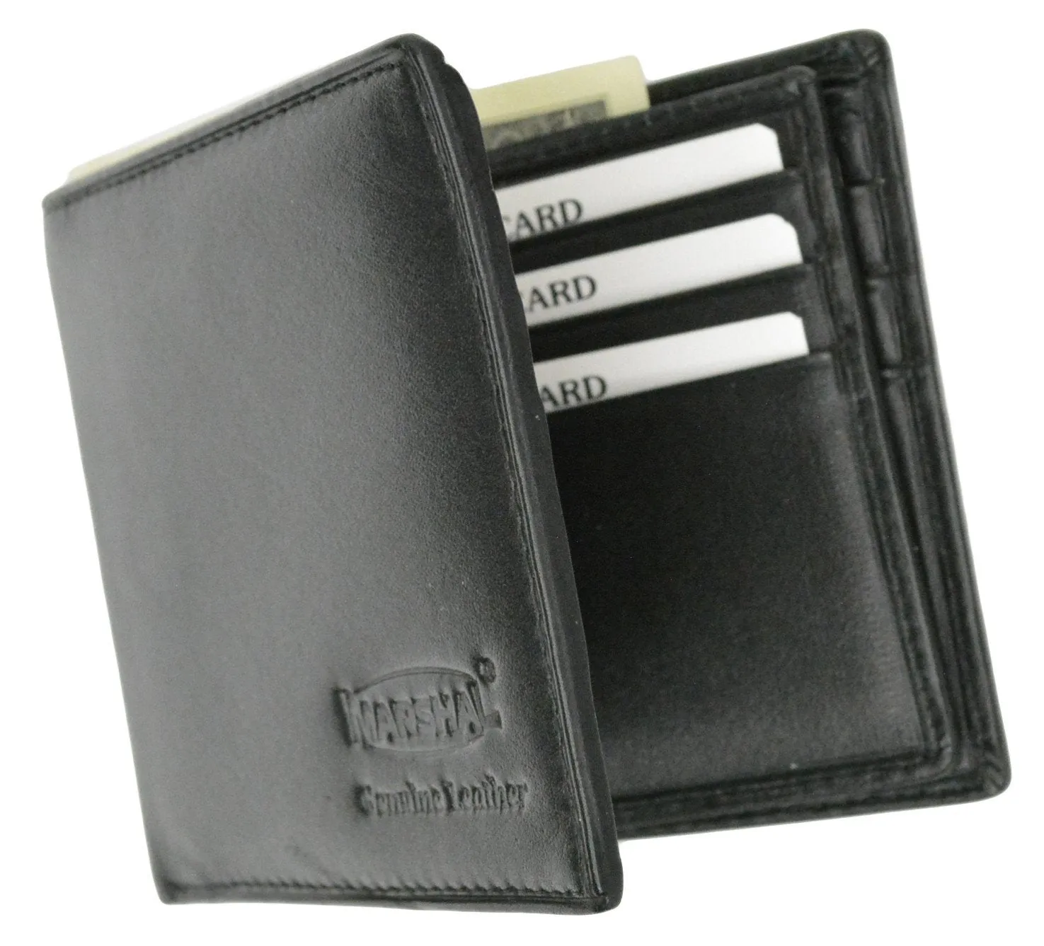 New Genuine Leather Men's Credit Card Compact Center Flip ID Bifold Wallet with Logo 600 052 BK LOGO