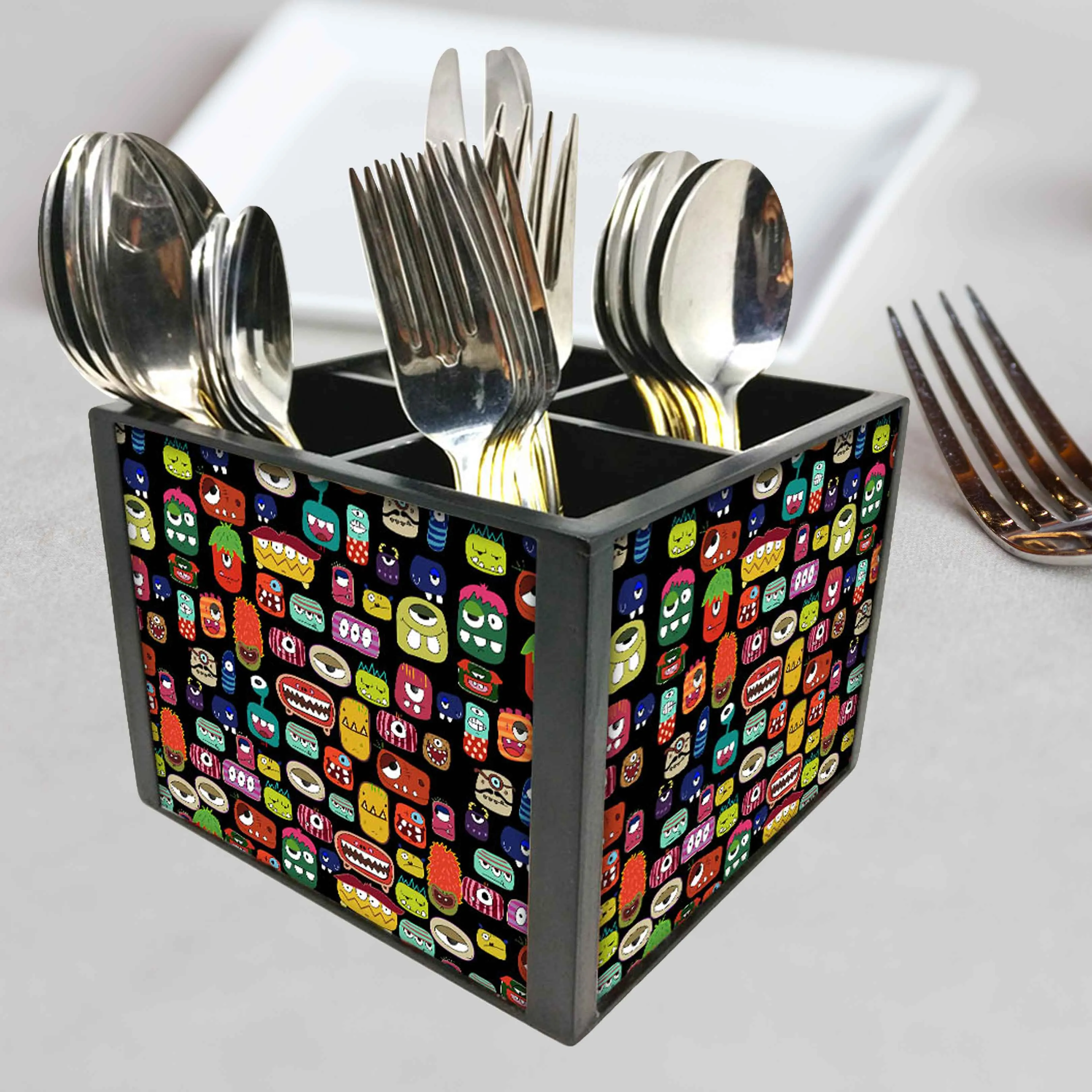 New Wooden Cutlery Holder - Cute Monsters Face