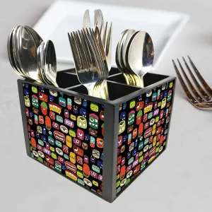 New Wooden Cutlery Holder - Cute Monsters Face