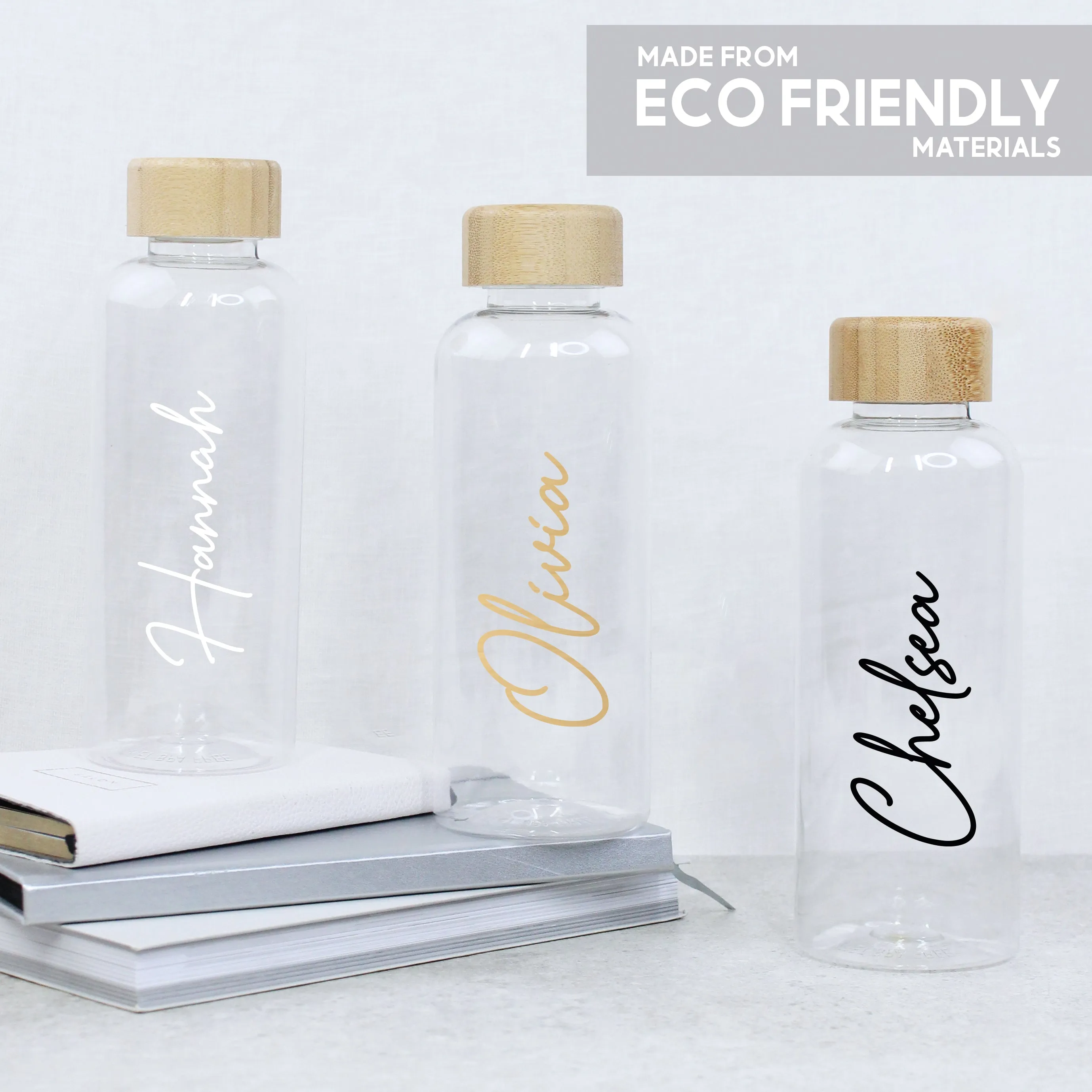 Personalised Clear Water Bottle with Name & Bamboo Lid