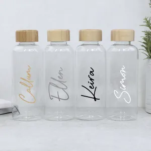 Personalised Clear Water Bottle with Name & Bamboo Lid