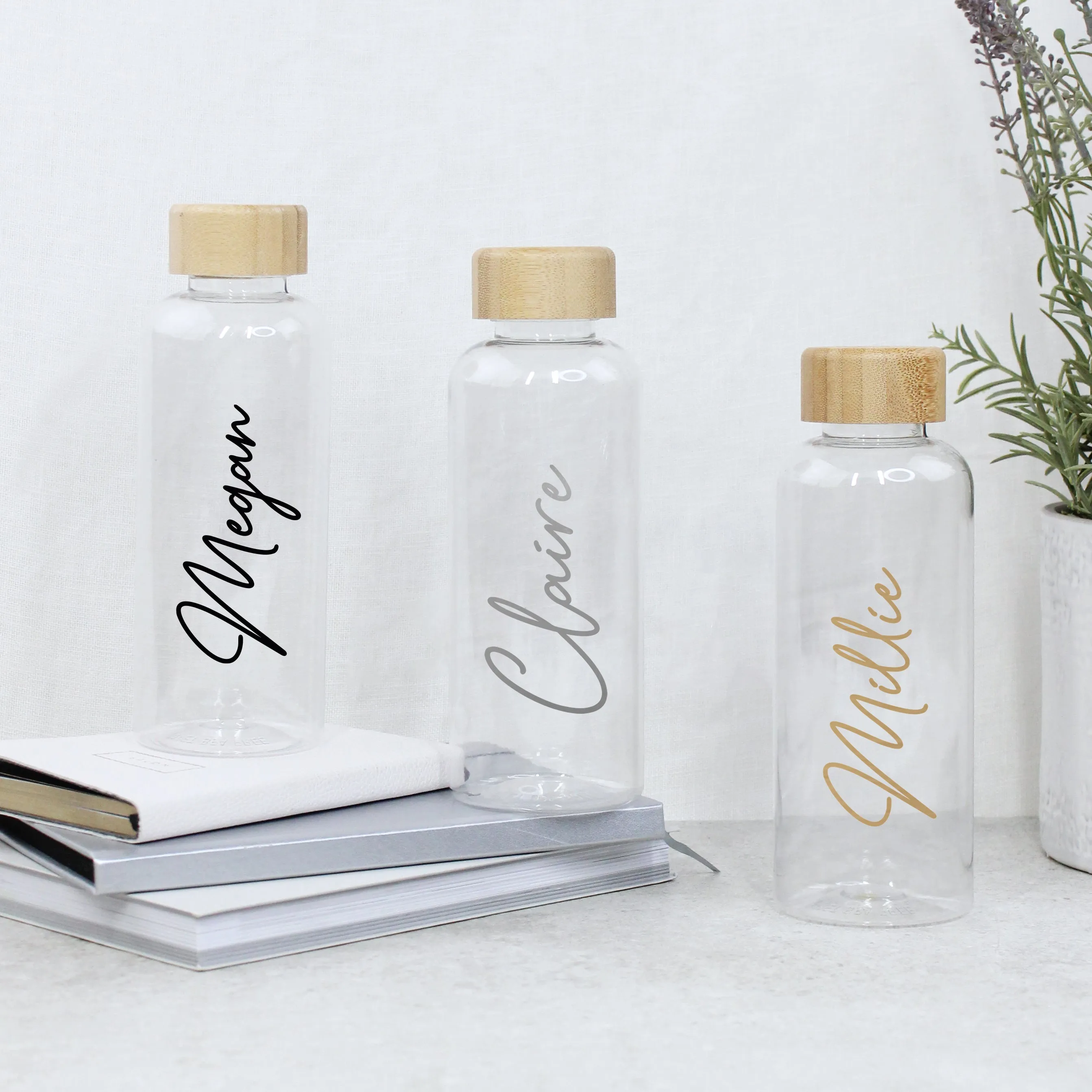 Personalised Clear Water Bottle with Name & Bamboo Lid