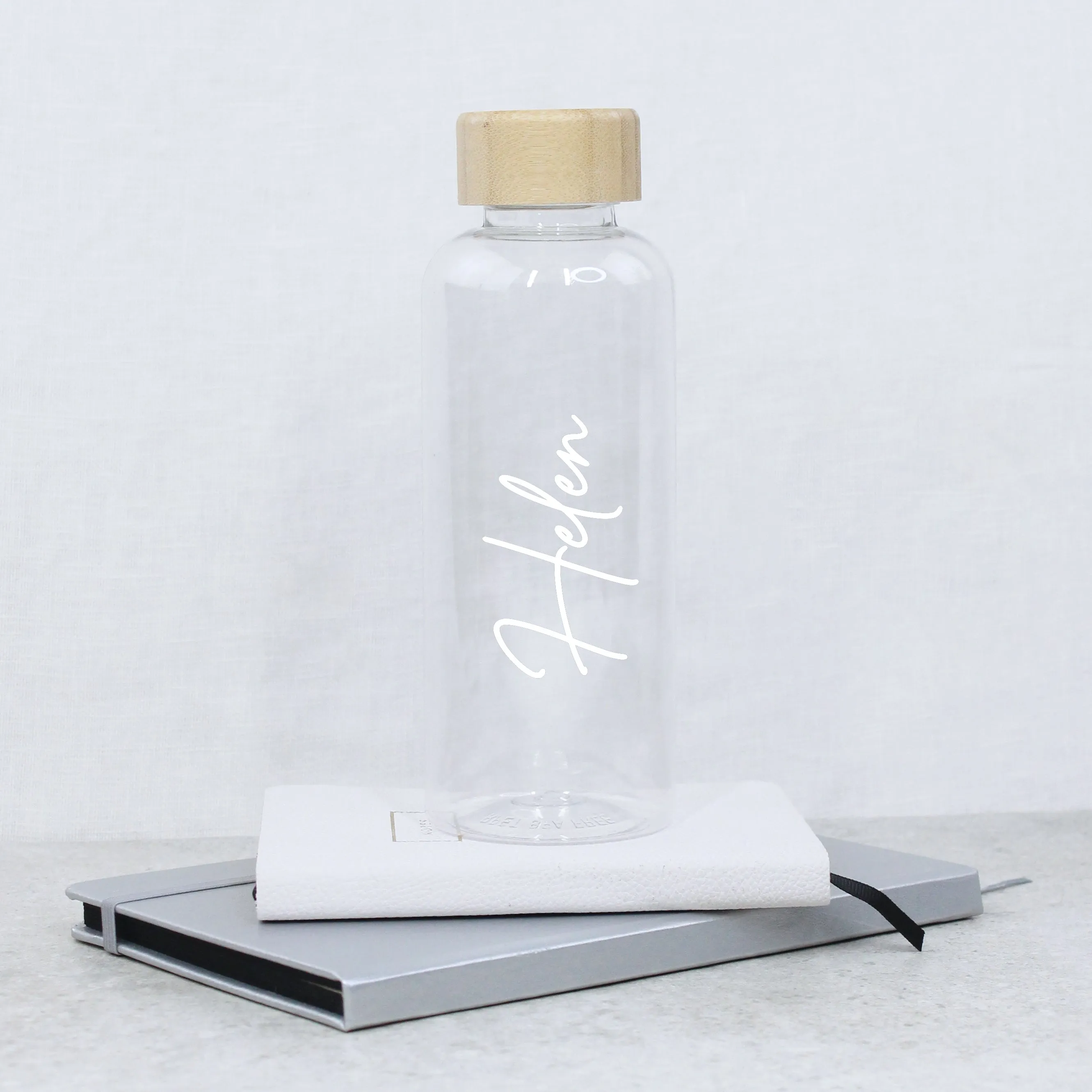 Personalised Clear Water Bottle with Name & Bamboo Lid