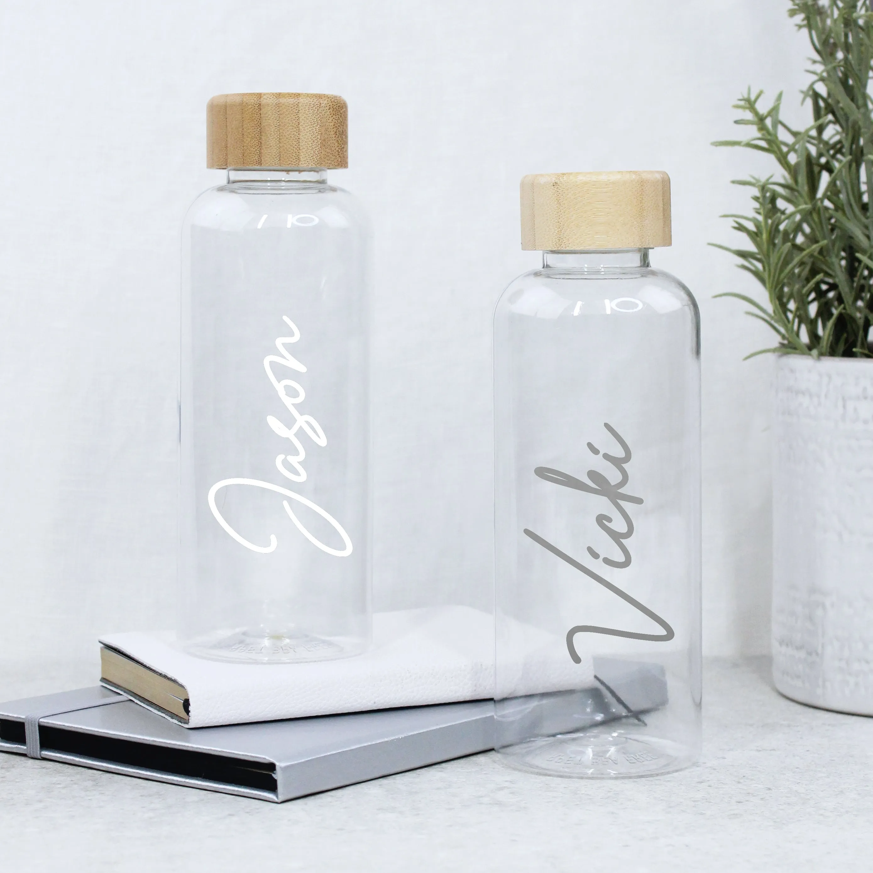 Personalised Clear Water Bottle with Name & Bamboo Lid