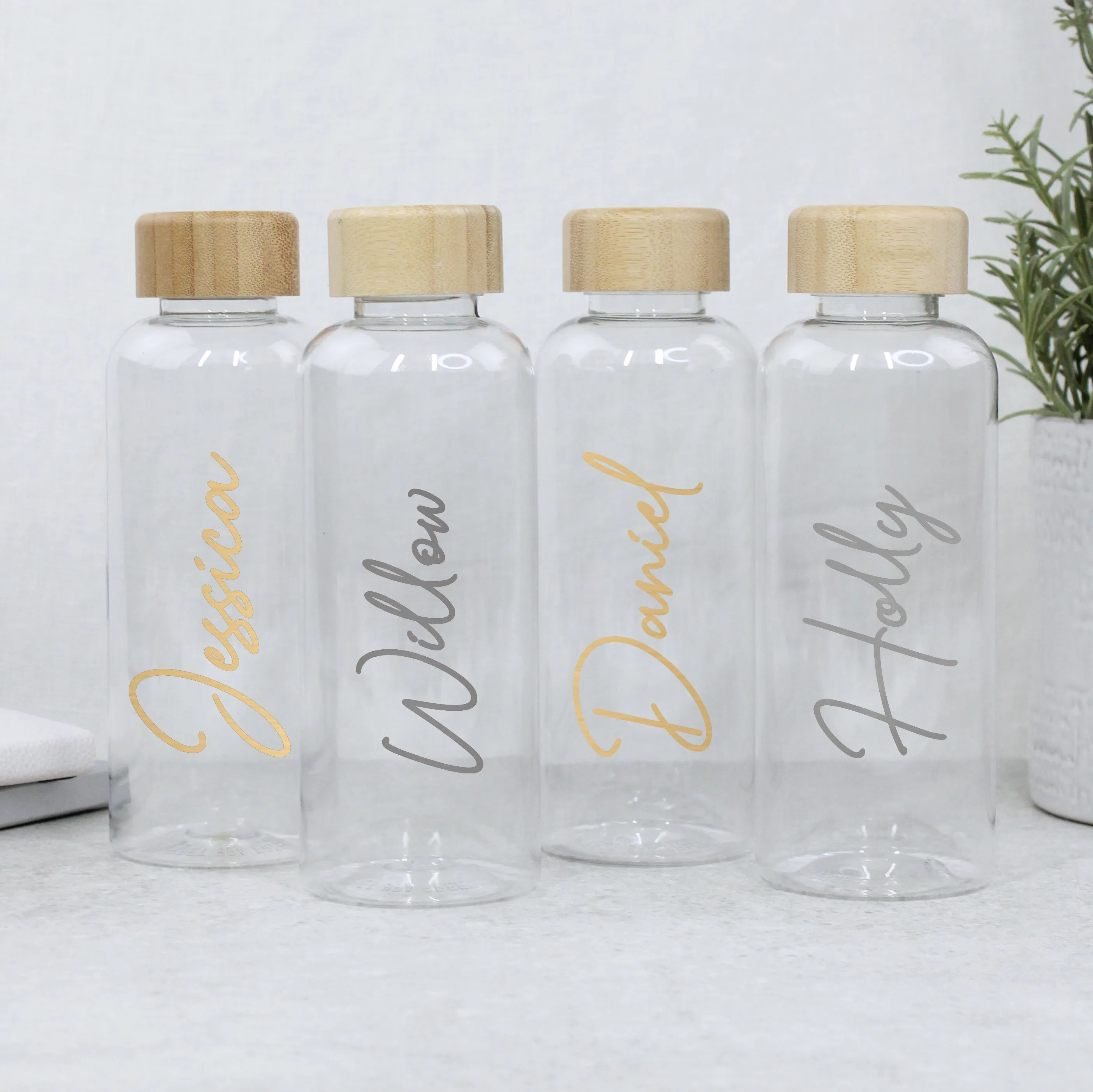 Personalised Clear Water Bottle with Name & Bamboo Lid