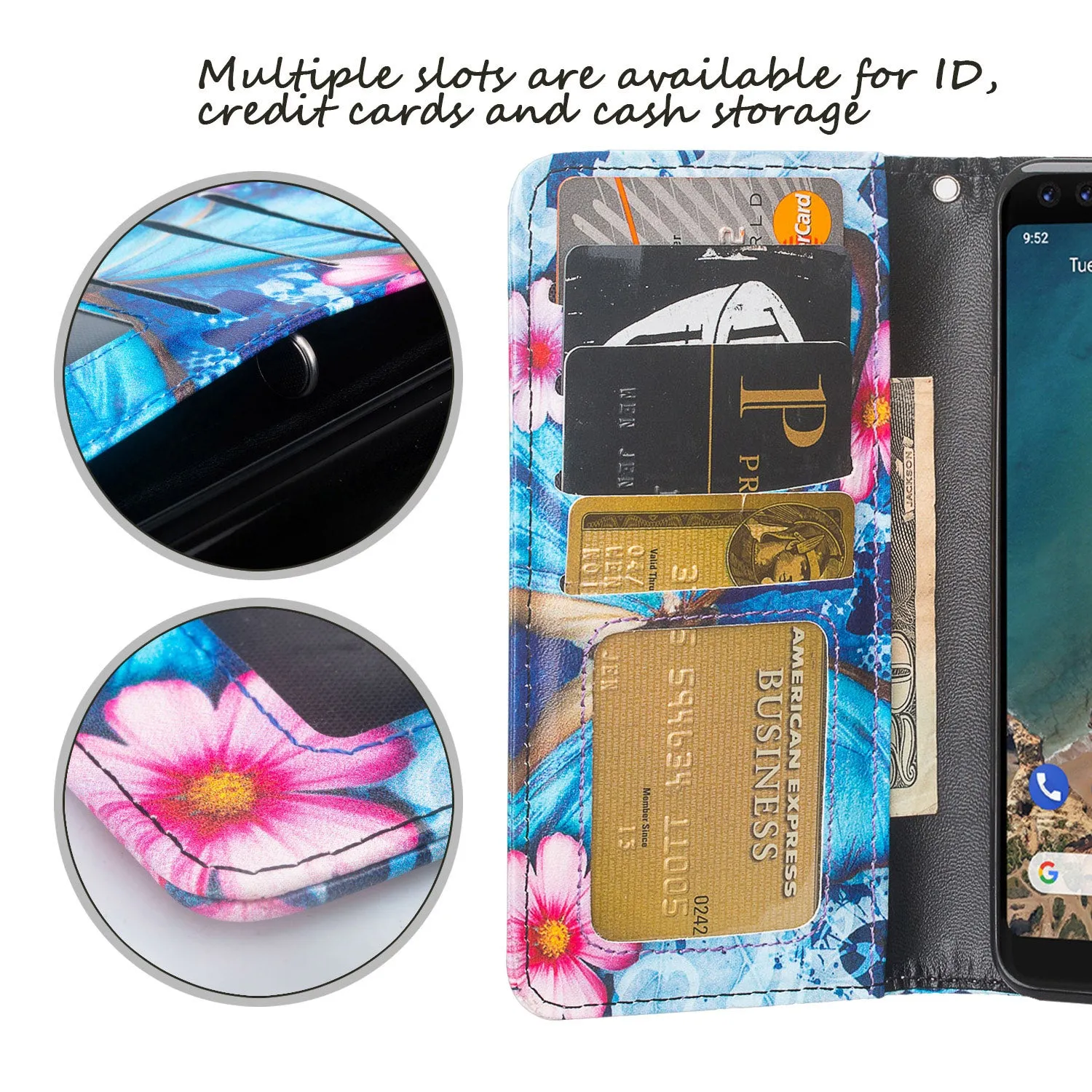 Pixel 3 XL Case, Google Pixel 3 XL, Wrist Strap Leather Wallet Case [Kickstand] with Credit Card Slots - Blue Butterfly