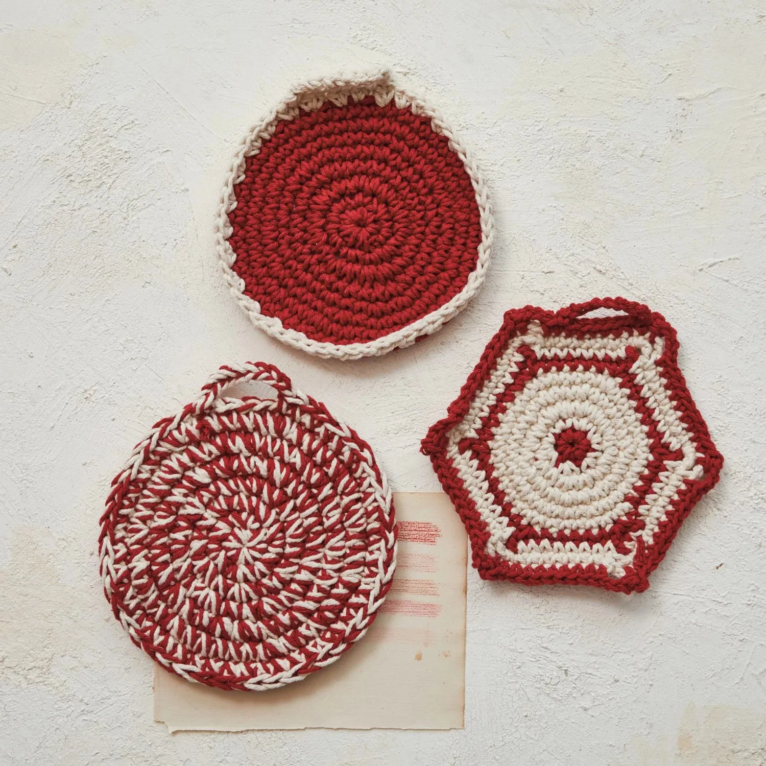 Red   White Cotton Crocheted Pot Holder