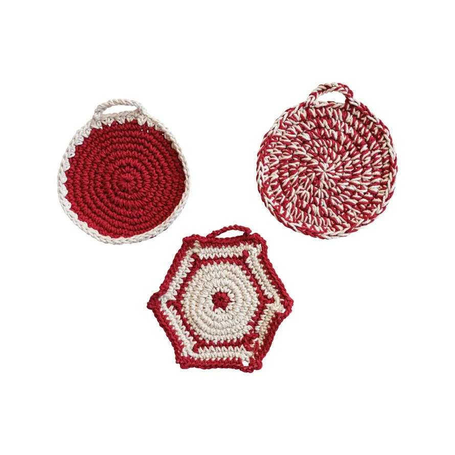 Red   White Cotton Crocheted Pot Holder