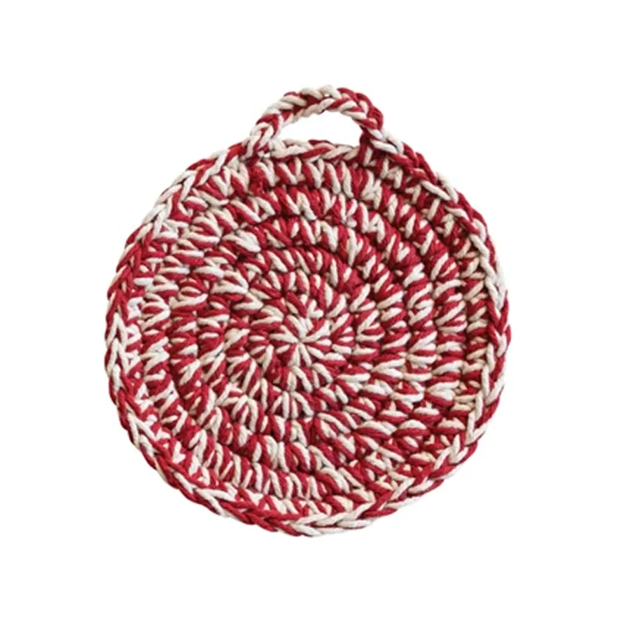 Red   White Cotton Crocheted Pot Holder