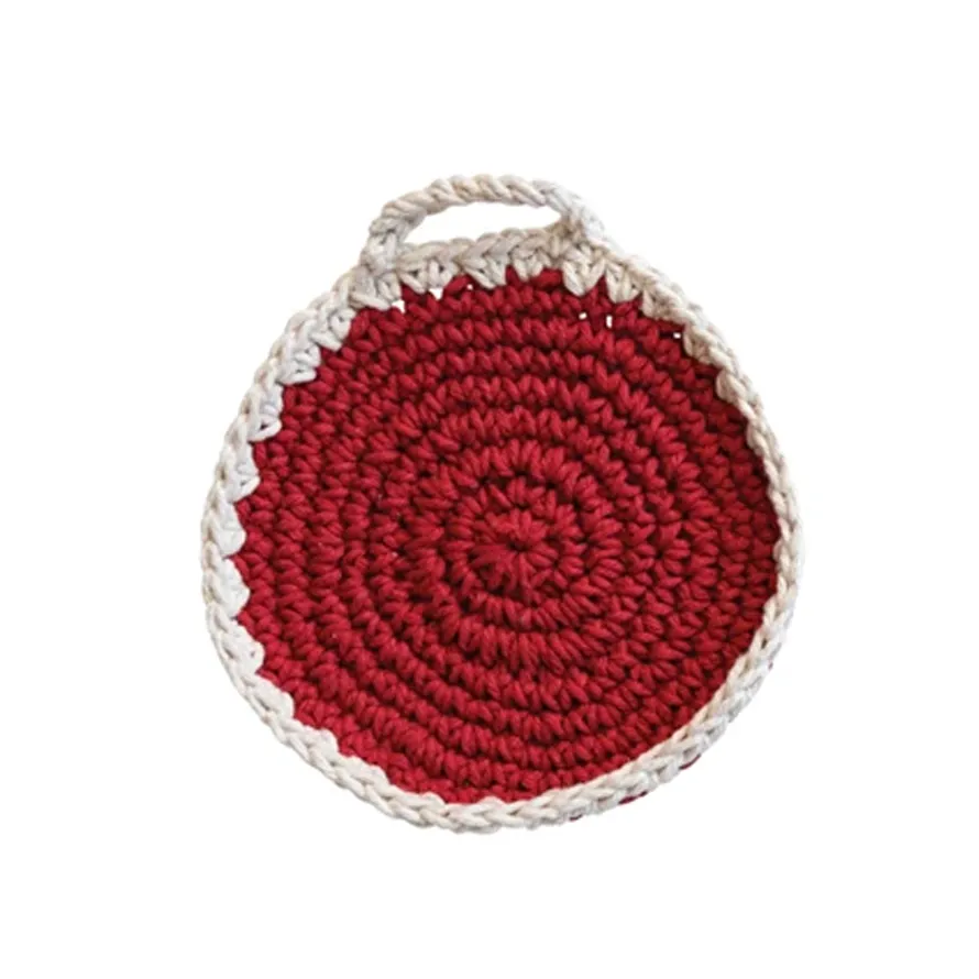 Red   White Cotton Crocheted Pot Holder