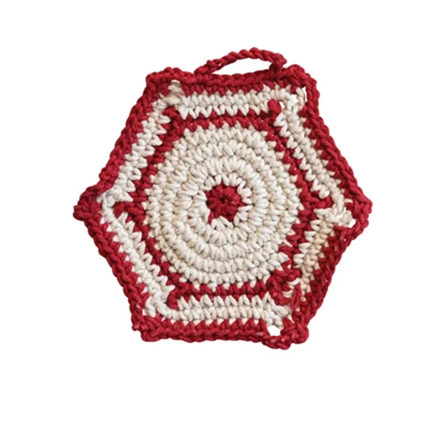 Red   White Cotton Crocheted Pot Holder