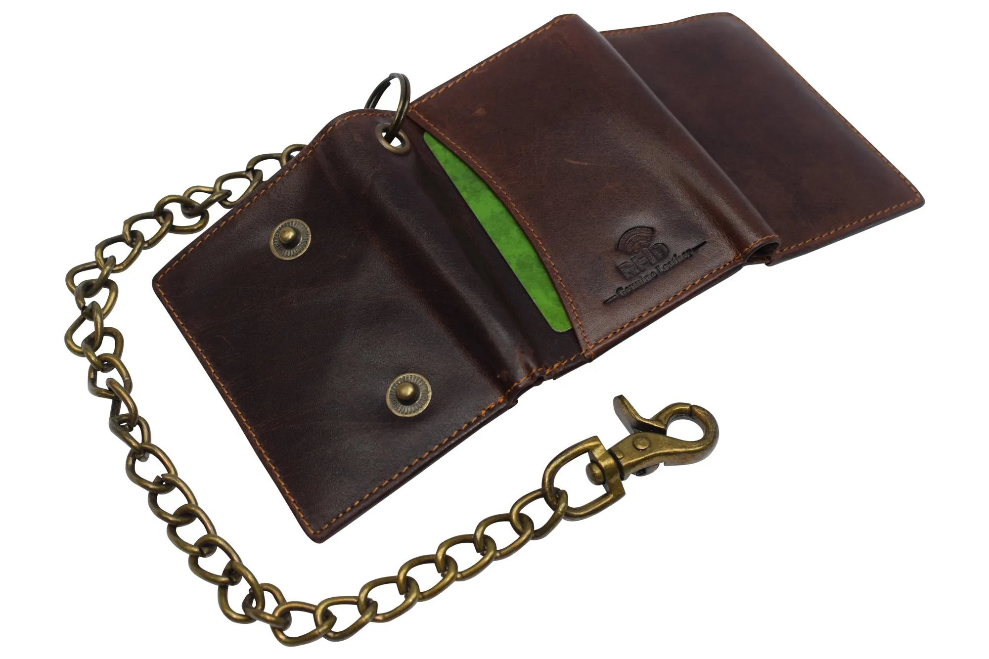 RFID Blocking Men's Tri-fold Vintage Biker Vintage Buffalo Leather Steel Chain Wallet Snap closure RFID0946BF