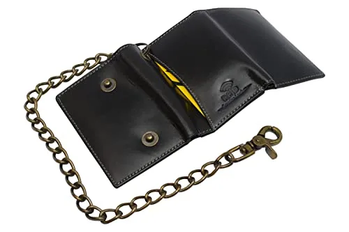 RFID Blocking Men's Tri-fold Vintage Biker Vintage Buffalo Leather Steel Chain Wallet Snap closure RFID0946BF