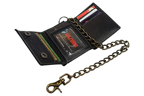 RFID Blocking Men's Tri-fold Vintage Biker Vintage Buffalo Leather Steel Chain Wallet Snap closure RFID0946BF