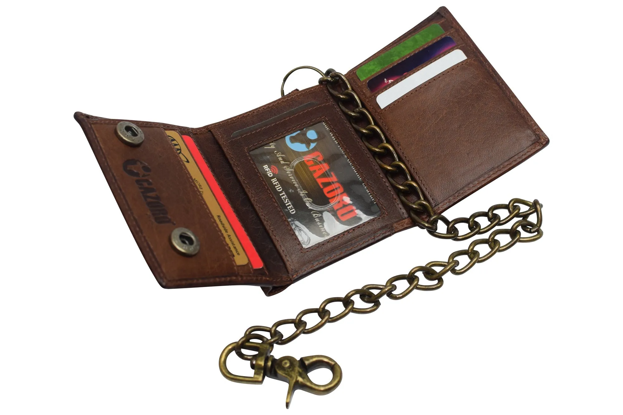 RFID Blocking Men's Tri-fold Vintage Biker Vintage Buffalo Leather Steel Chain Wallet Snap closure RFID0946BF