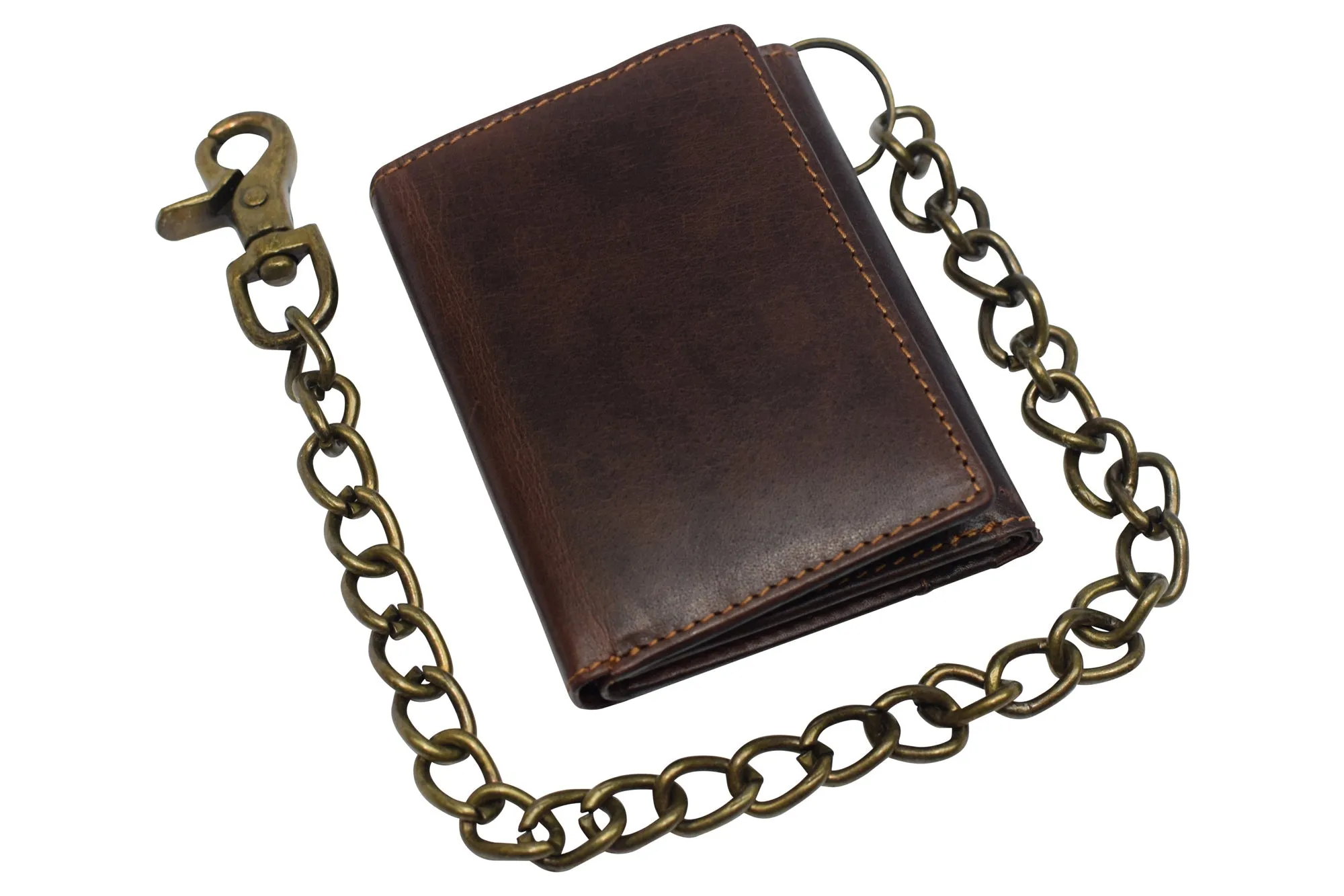 RFID Blocking Men's Tri-fold Vintage Biker Vintage Buffalo Leather Steel Chain Wallet Snap closure RFID0946BF