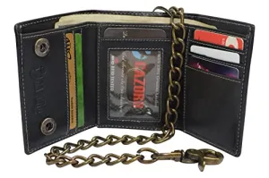 RFID Blocking Men's Tri-fold Vintage Biker Vintage Buffalo Leather Steel Chain Wallet Snap closure RFID0946BF