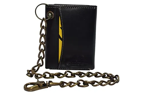 RFID Blocking Men's Tri-fold Vintage Biker Vintage Buffalo Leather Steel Chain Wallet Snap closure RFID0946BF