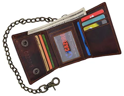 RFID Blocking Men's Tri-fold Vintage Leather Biker Chain Wallet With Snap Closure