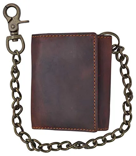 RFID Blocking Men's Tri-fold Vintage Leather Biker Chain Wallet With Snap Closure