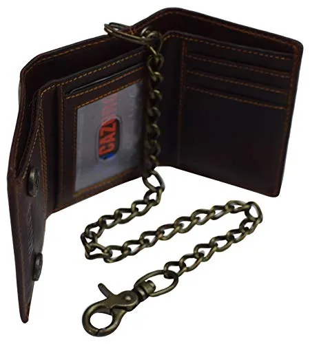 RFID Blocking Men's Tri-fold Vintage Leather Biker Chain Wallet With Snap Closure