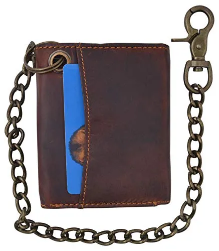 RFID Blocking Men's Tri-fold Vintage Leather Biker Chain Wallet With Snap Closure