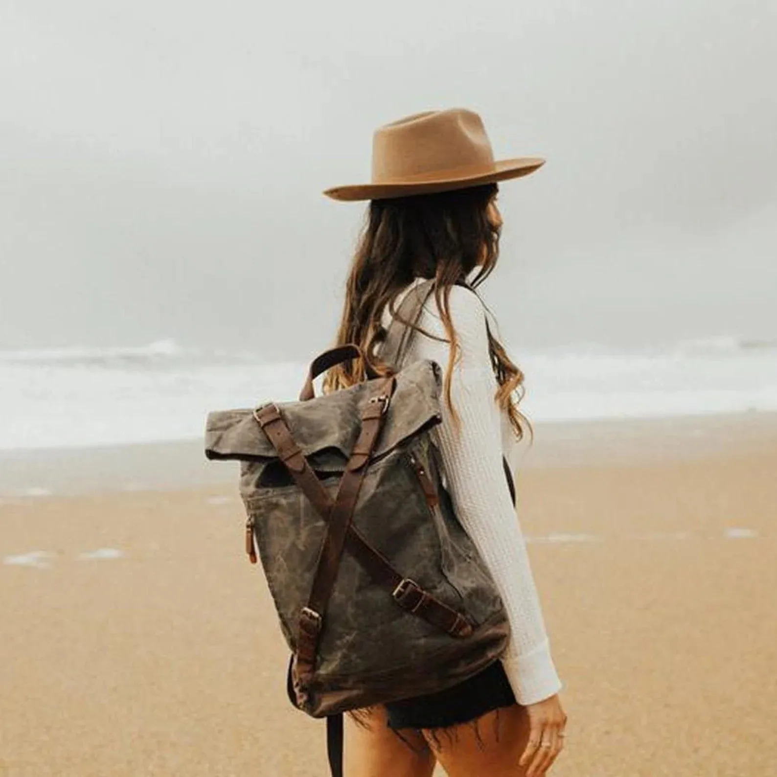 Rolltop Backpack Waxed Canvas Travel Backpack Hiking Backpack