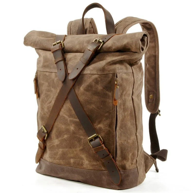 Rolltop Backpack Waxed Canvas Travel Backpack Hiking Backpack