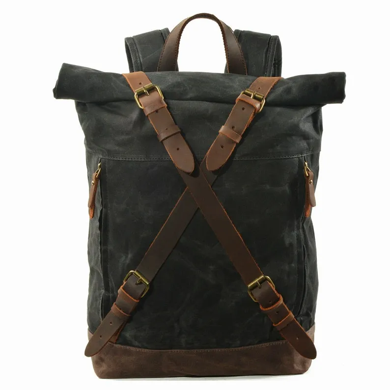 Rolltop Backpack Waxed Canvas Travel Backpack Hiking Backpack