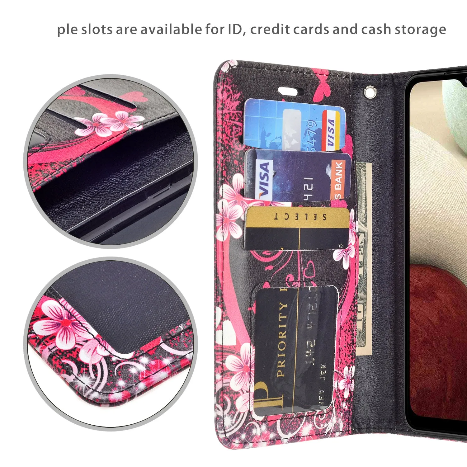 Samsung Galaxy A12 Case, Galaxy A12 Wallet Case, Wrist Strap Pu Leather Wallet Case [Kickstand] with ID & Credit Card Slots - Heart Butterflies