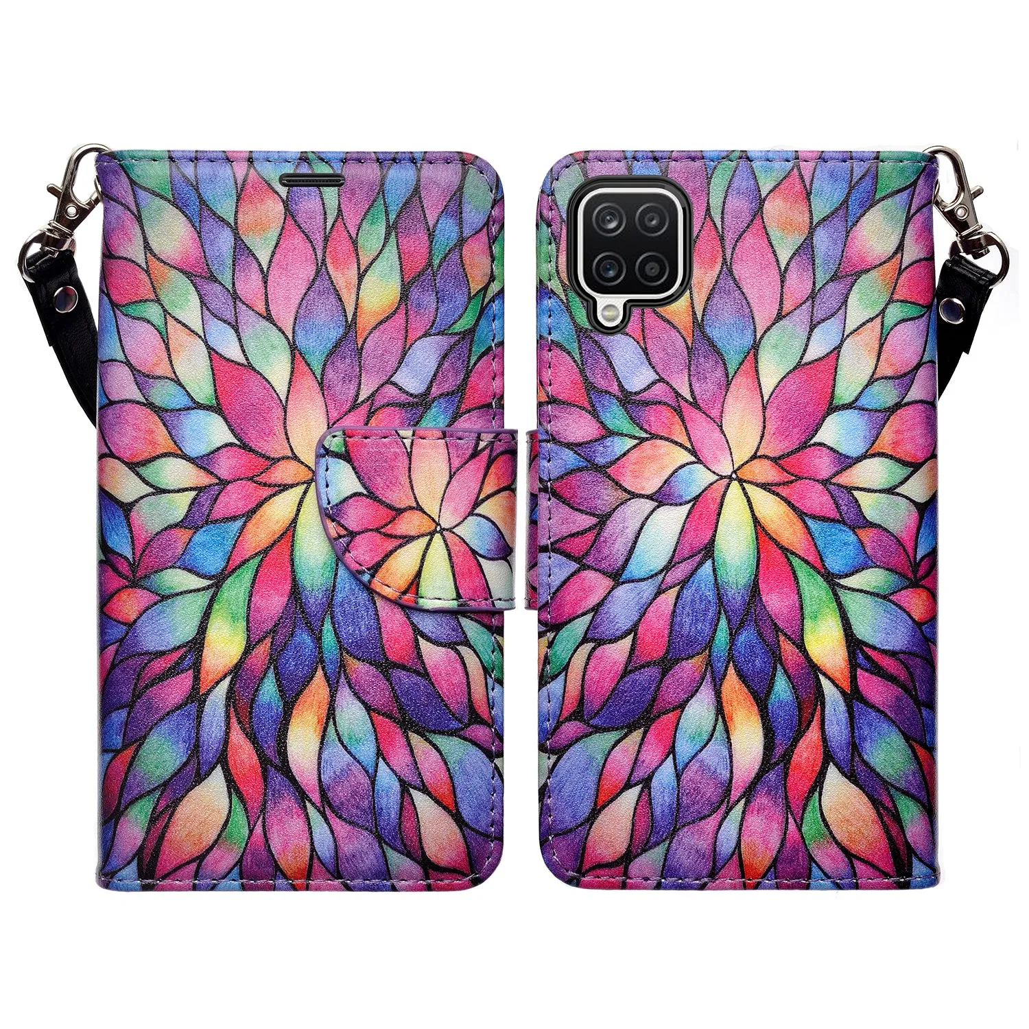 Samsung Galaxy A12 Case, Galaxy A12 Wallet Case, Wrist Strap Pu Leather Wallet Case [Kickstand] with ID & Credit Card Slots - Rainbow Flower