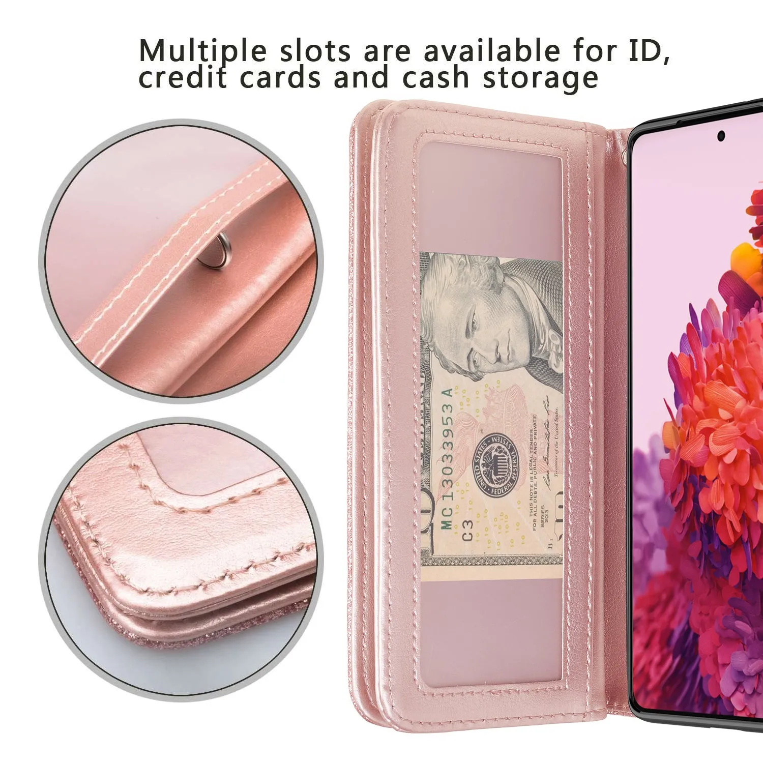 Samsung Galaxy S21 Ultra Case, Galaxy S21 Ultra Case, Glitter Faux Leather Flip Credit Card Holder Wrist Strap Shockproof Protective Wallet Case Clutch for Galaxy S21 Ultra - Rose Gold