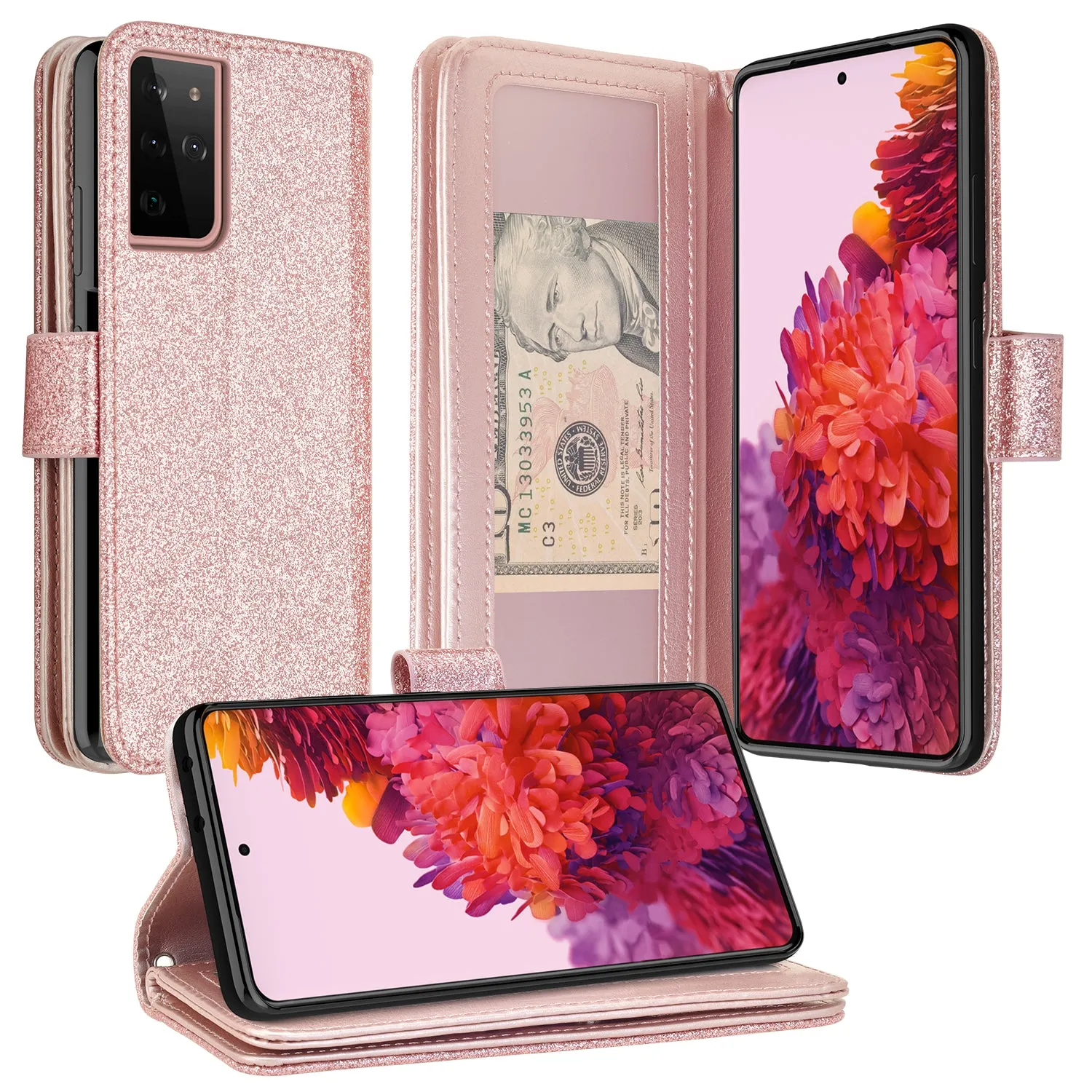 Samsung Galaxy S21 Ultra Case, Galaxy S21 Ultra Case, Glitter Faux Leather Flip Credit Card Holder Wrist Strap Shockproof Protective Wallet Case Clutch for Galaxy S21 Ultra - Rose Gold