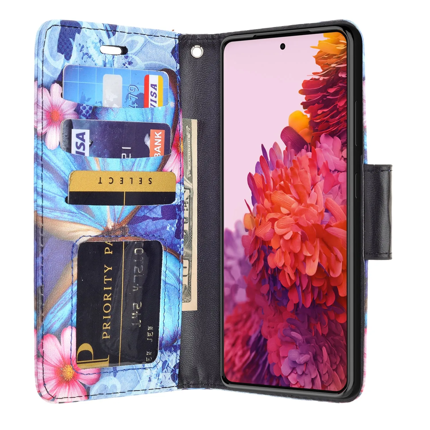 Samsung Galaxy S21 Ultra Case, Galaxy S21 Ultra Wallet Case, Wrist Strap Pu Leather Wallet Case [Kickstand] with ID & Credit Card Slots - Blue Butterfly