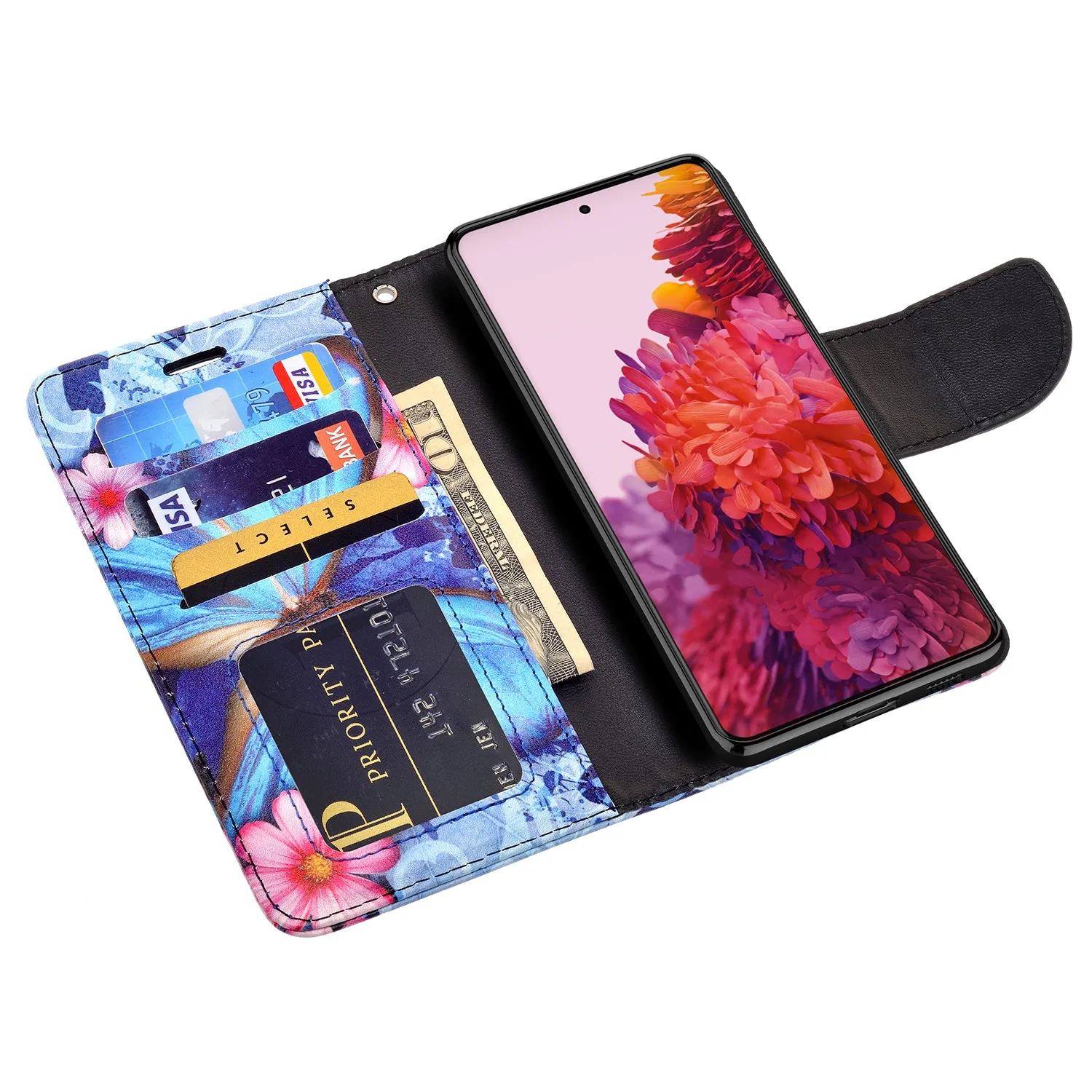 Samsung Galaxy S21 Ultra Case, Galaxy S21 Ultra Wallet Case, Wrist Strap Pu Leather Wallet Case [Kickstand] with ID & Credit Card Slots - Blue Butterfly