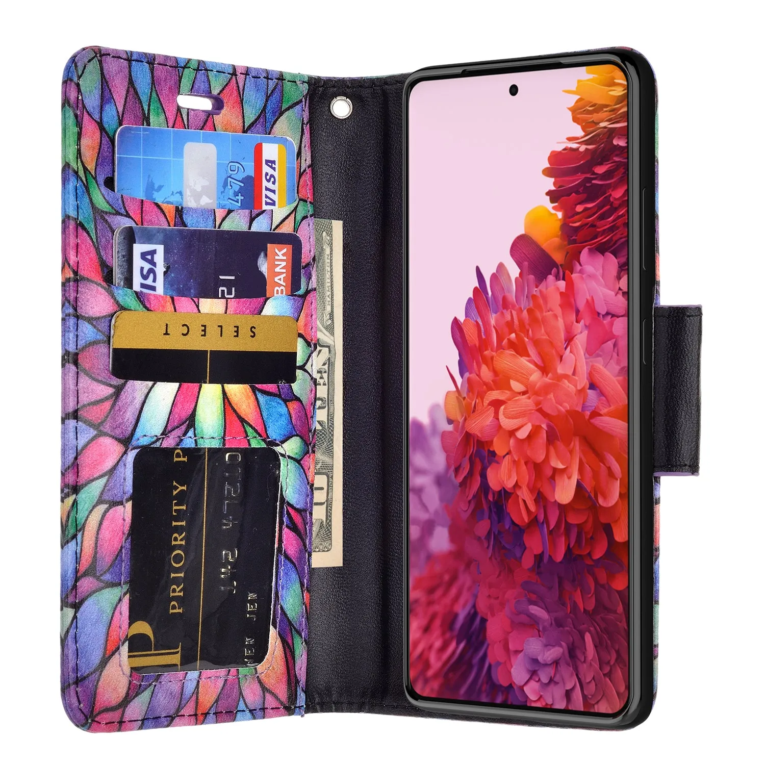 Samsung Galaxy S21 Ultra Case, Galaxy S21 Ultra Wallet Case, Wrist Strap Pu Leather Wallet Case [Kickstand] with ID & Credit Card Slots - Rainbow Flower