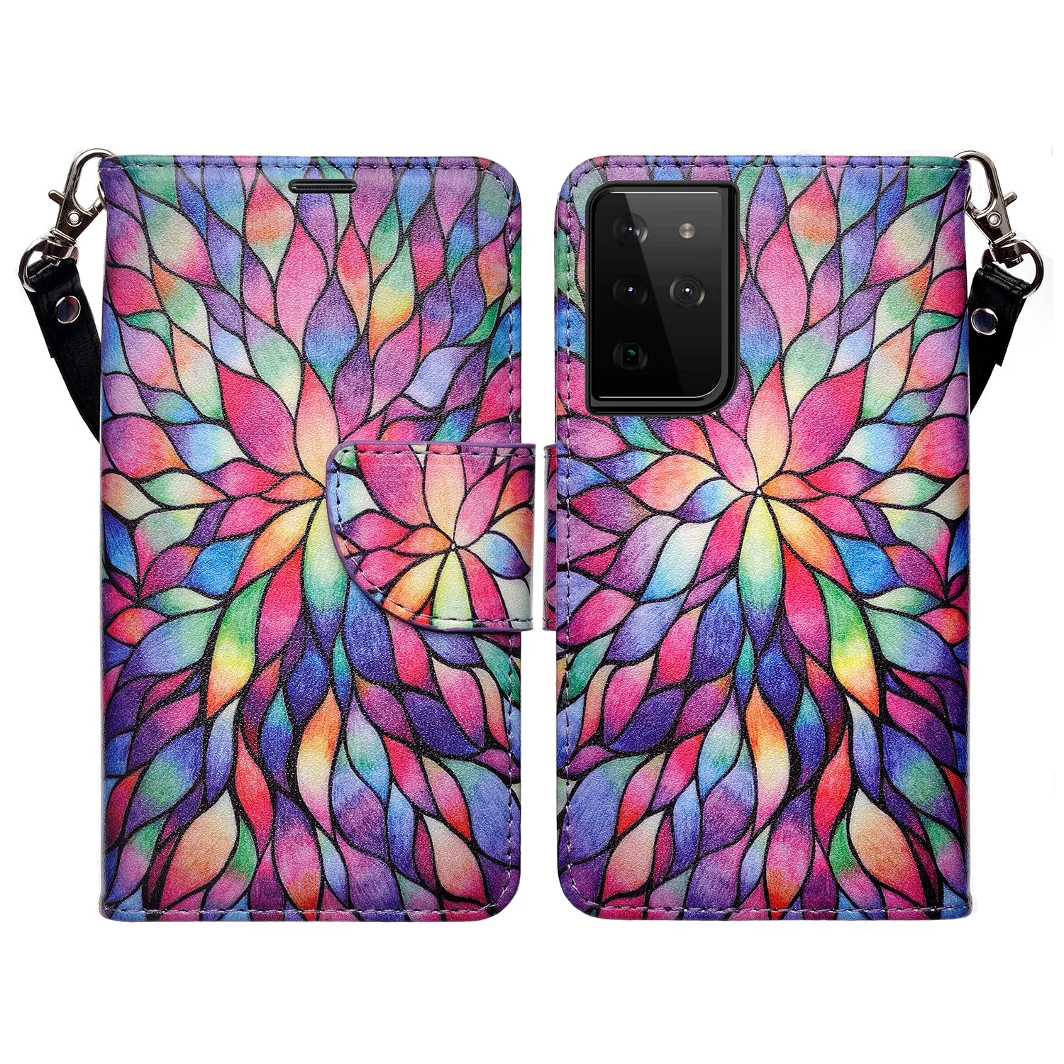 Samsung Galaxy S21 Ultra Case, Galaxy S21 Ultra Wallet Case, Wrist Strap Pu Leather Wallet Case [Kickstand] with ID & Credit Card Slots - Rainbow Flower