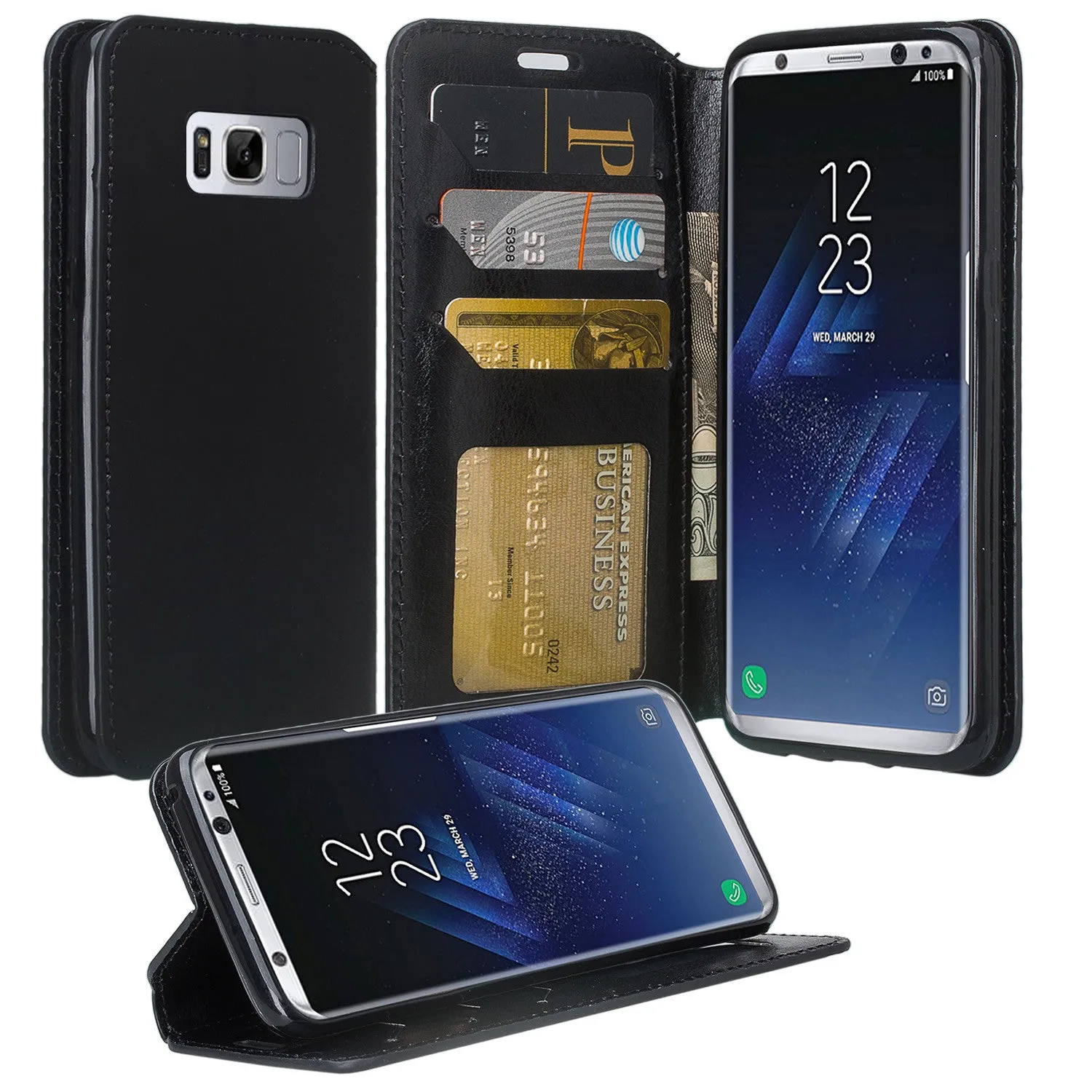 Samsung Galaxy S8 Case, SM-G950 Wallet Case, Pu Leather Wallet Case [Kickstand] with ID & Credit Card Slots - Black