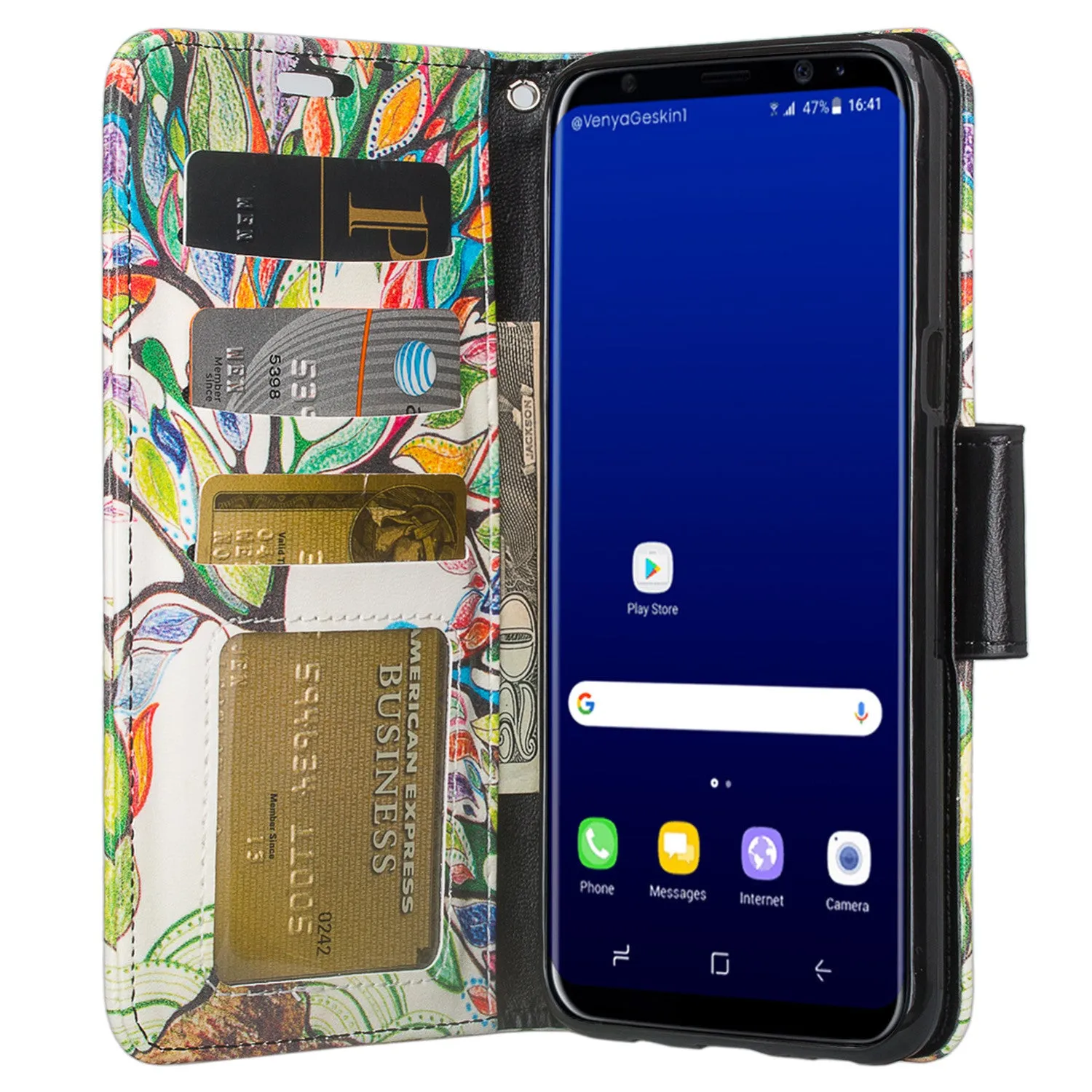 Samsung Galaxy S8 Plus Case, Wrist Strap Pu Leather Magnetic Fold[Kickstand] Wallet Case with ID & Credit Card Slots for Galaxy S8 Plus, SM-G955 - Colorful Tree