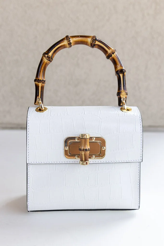 Selena Embossed Leather Hand Bag, White