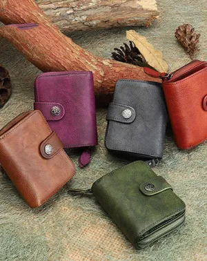 Small Leather Trifold Wallet Vintage Billfold Cute Women Buckle Wallet For Ladies